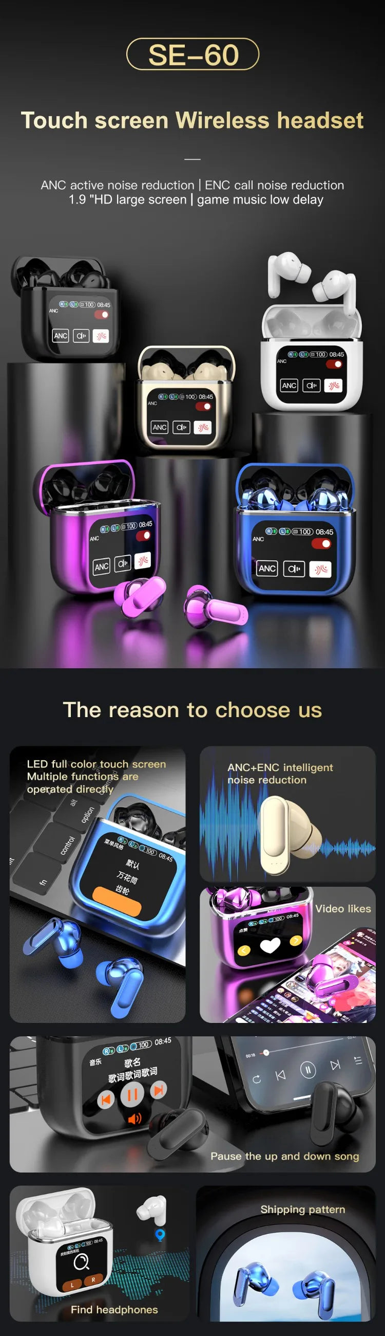 2025 SE60 TWS Earphones ANC ENC LCD Touch Screen True Wireless Earphones with Noise Cancelling Sport Earbuds SE 60 Tidesmit