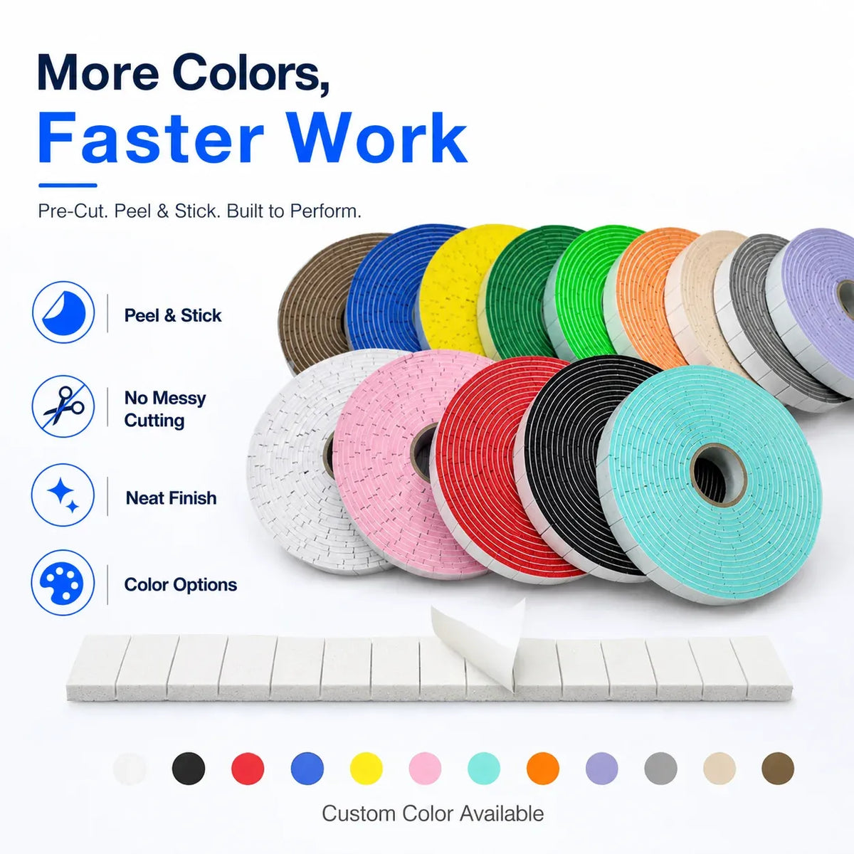 Double-sided EVA foam tape rolls with multiple color options and a neatly cut strip
