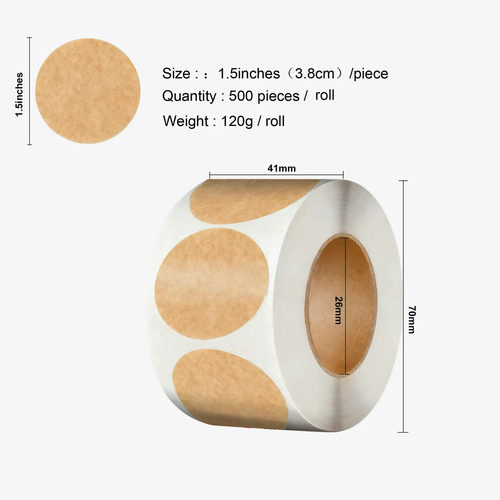 Kraft paper roll labels, blank round kraft circles and printed dots, self-adhesive