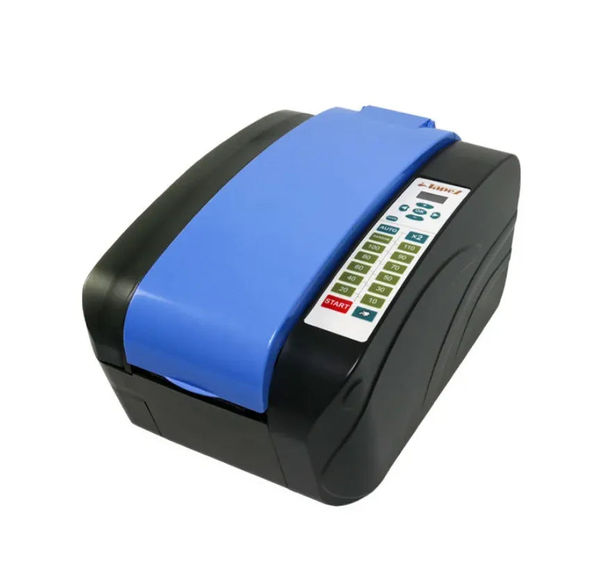 Automatic tape dispenser with blue tape roll and control panel on black housing
