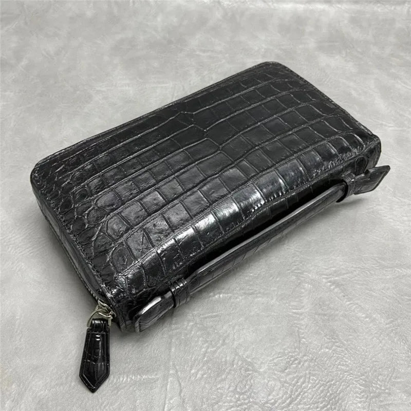 Authentic Crocodile Belly Skin Male Large ZIP Card Purse Genuine Exotic Alligator Leather Businessmen Small Black Clutch Bag