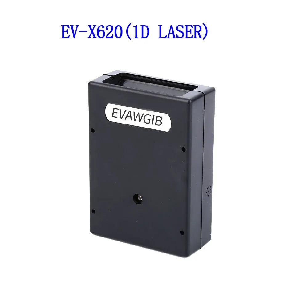 Front view of black 1D fixed barcode laser scanner with scan window