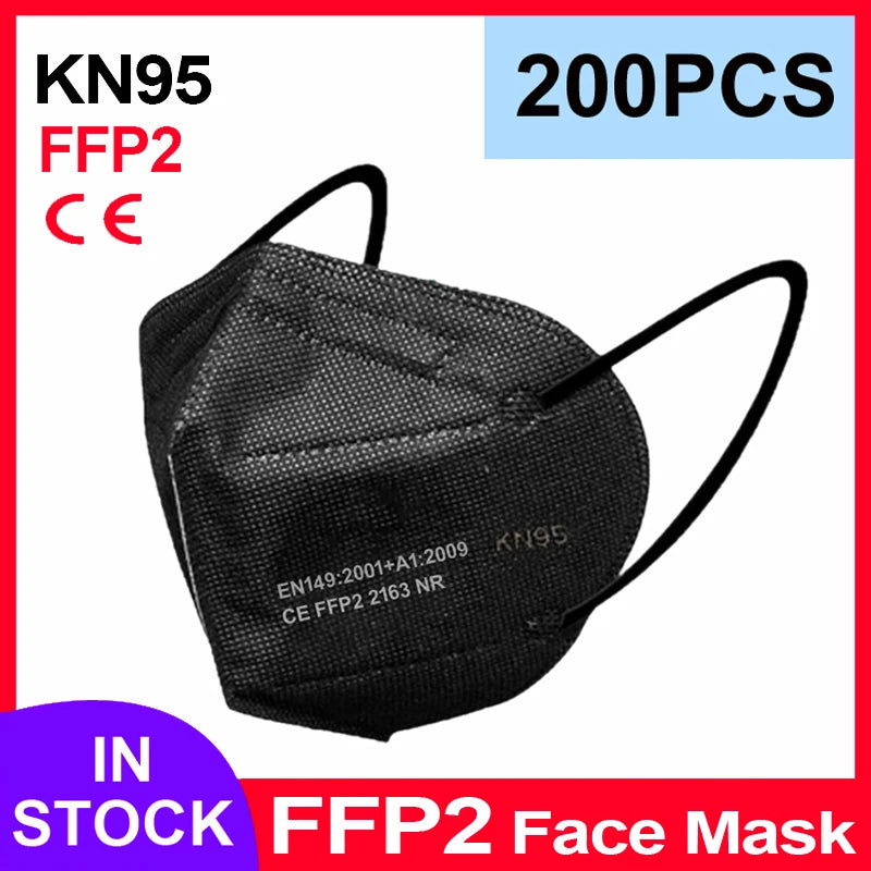 Black 5-layer KN95 FFP2 face mask with textured fabric and elastic ear loops, protective CE certified respirator.