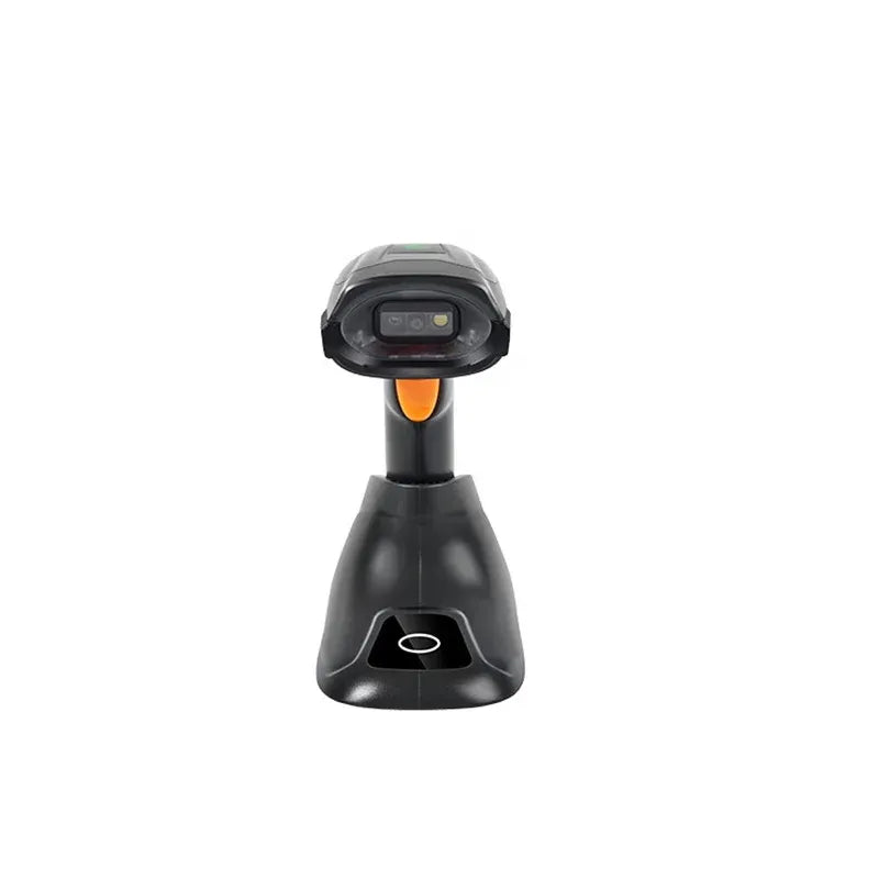 Handheld barcode scanner front view with top scan window and orange button