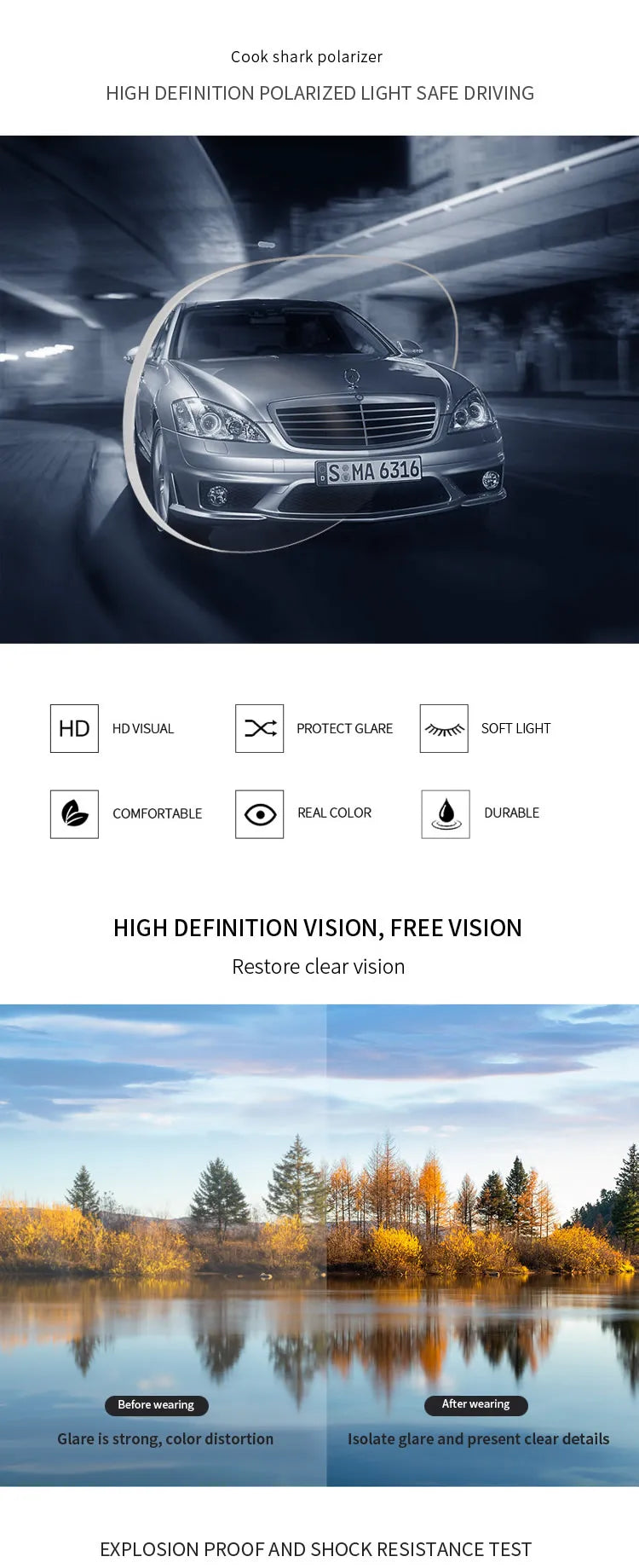Cook Shark polarized night driving glasses with glare-reducing lenses for clearer vision at night.
