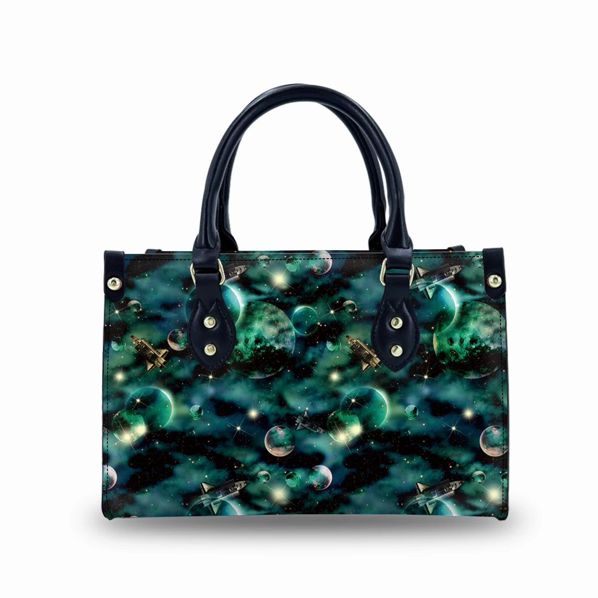 Vintage-style luxury PU leather trunk bag for women featuring a green galaxy space print and black top handles.