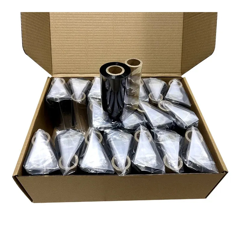 Boxed supply of black thermal transfer ink ribbon rolls, individually wrapped