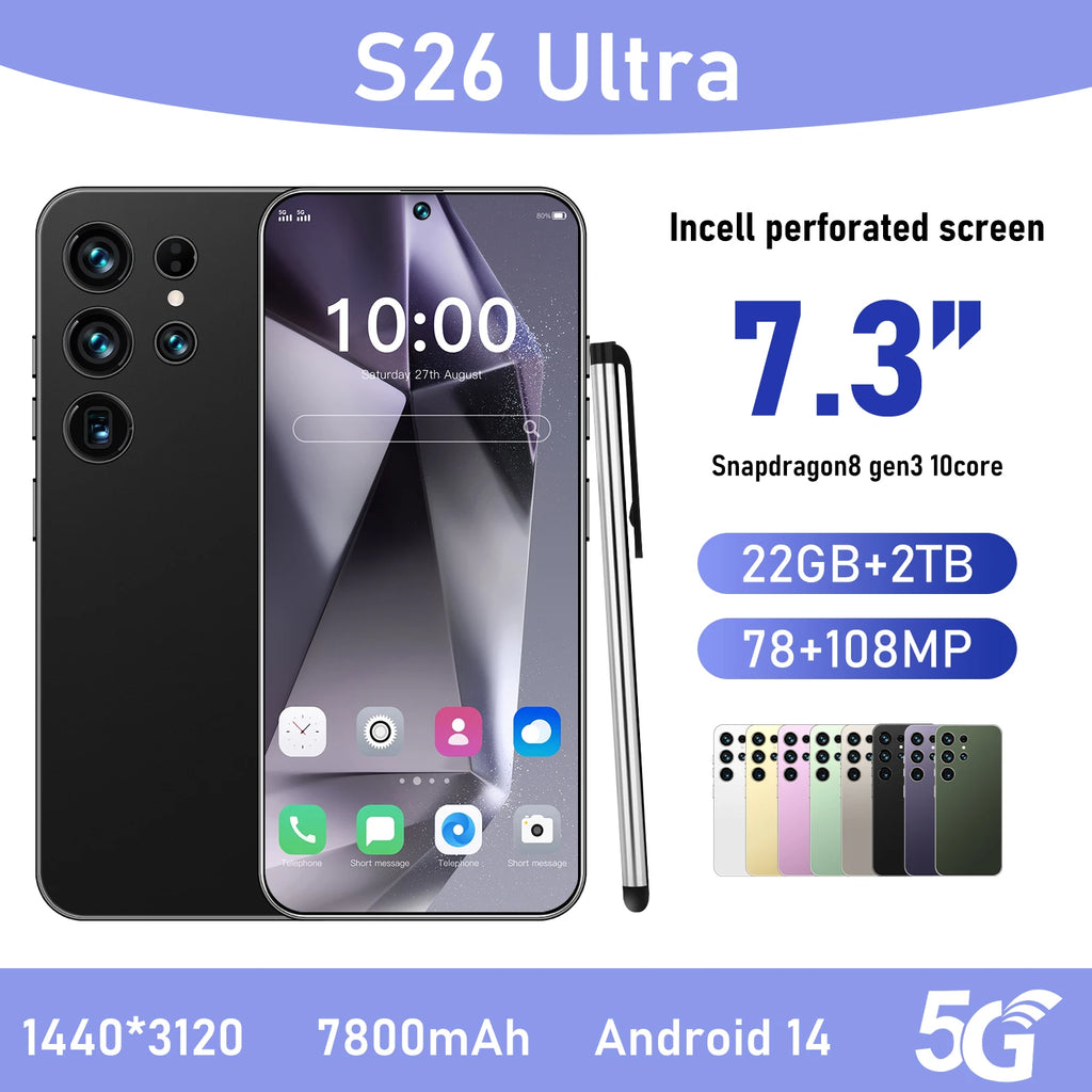 2025 New Original S26 Ultra Smartphones 5G Dual SIM Mobile Phone 22GB+2TB Storage 100W Quick HD Face Unlock Android 15 Spanish - Tidesmit