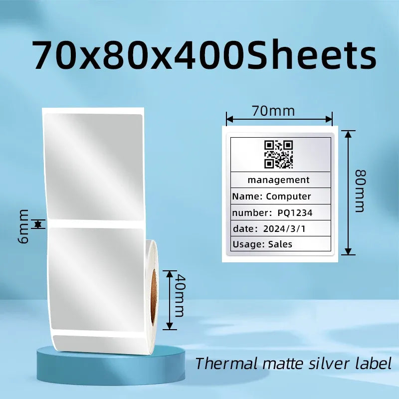 70x80mm matte silver thermal label sheet with QR code and size markings