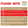 “PLEASE NOTE” shipping sample info card with numbered bullet points