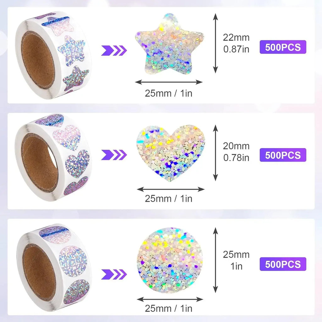 Holographic vinyl sticker roll with heart and star hologram glitter labels, waterproof