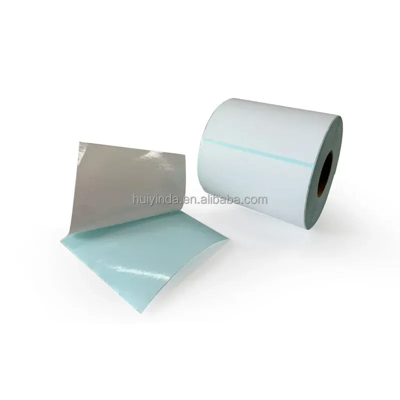 Fan-fold label paper roll with blank white sheets and teal edge guide lines