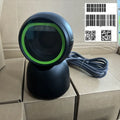 Hands-free desktop barcode and QR code scanner, black base with green illuminated ring