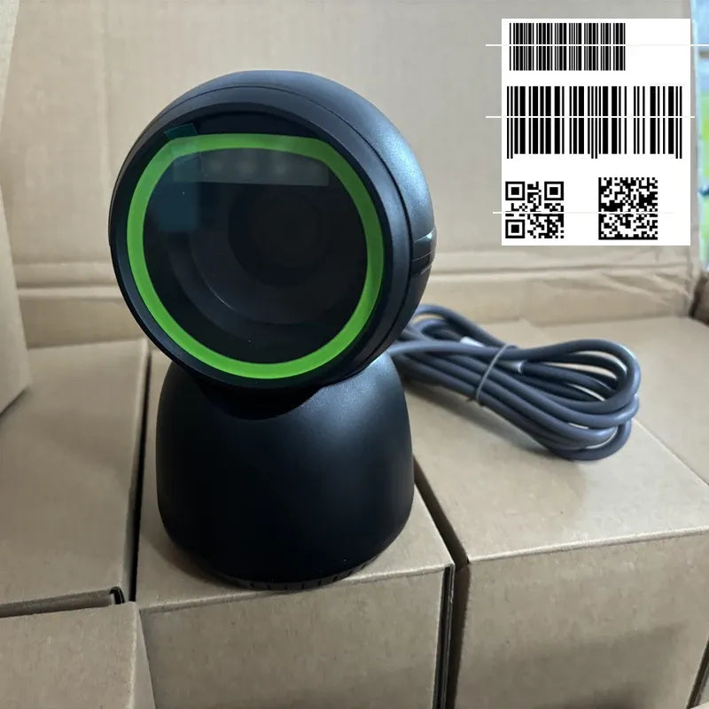 Hands-free desktop barcode and QR code scanner, black base with green illuminated ring