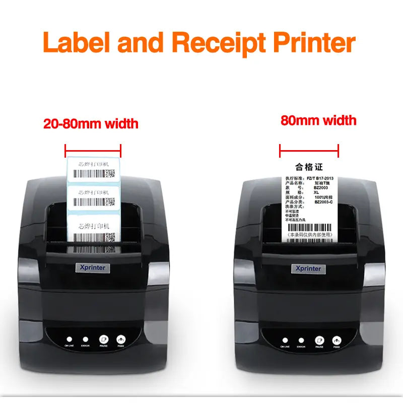 Split front views of black thermal label and receipt printer with label roll