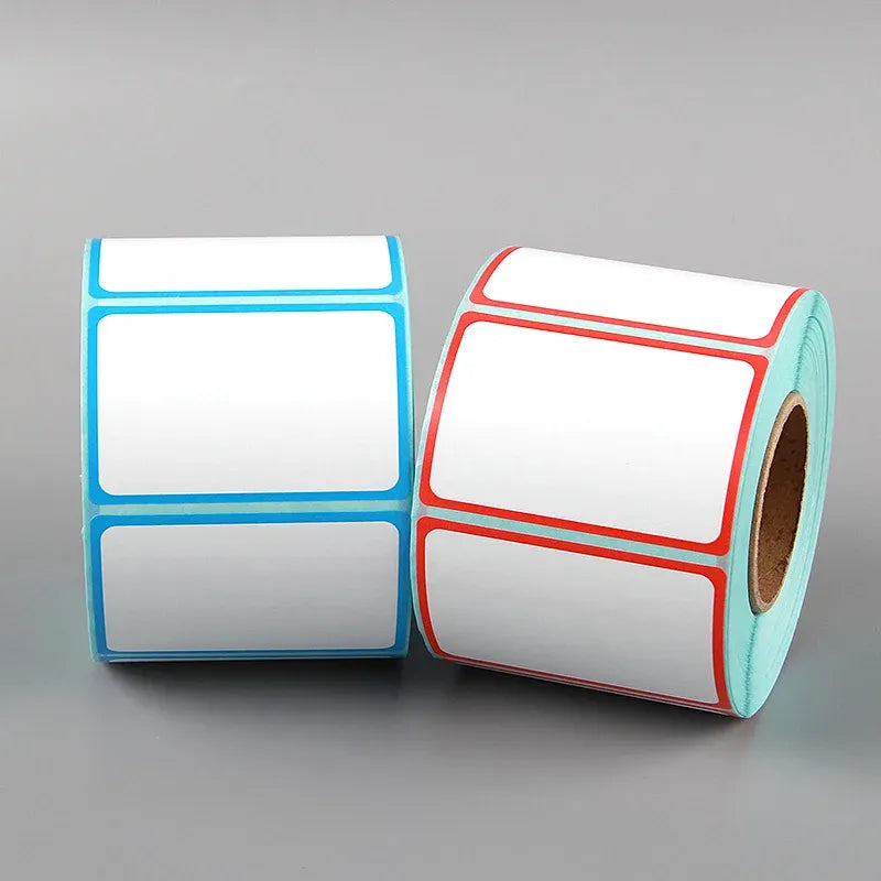Self-adhesive thermal labels roll: white labels with blue and red border accents