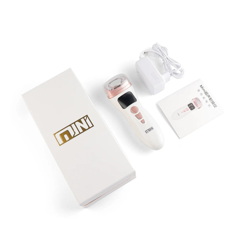 White and rose gold handheld HIFU facial tightening device, power adapter, user manual, and branded gift box.