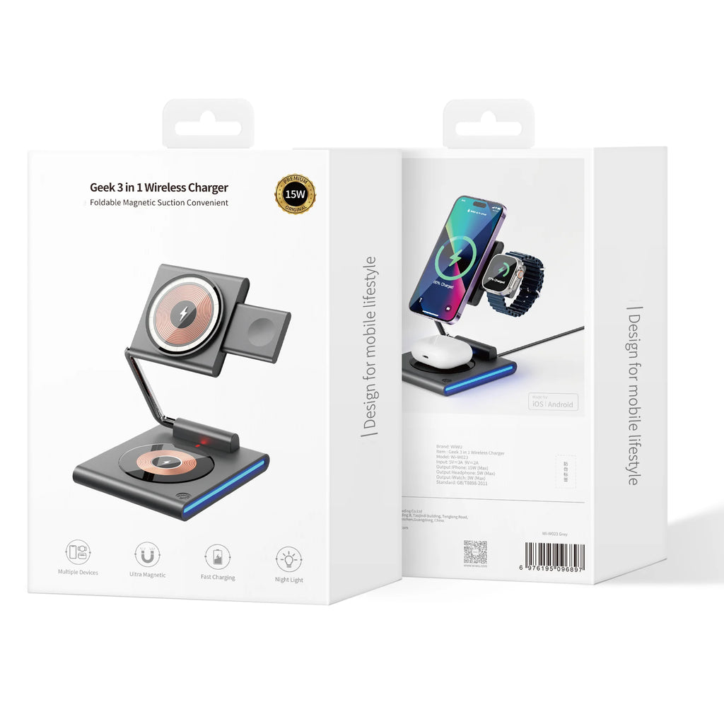 Power bank charger-Portable LED Light Magnetic 15W Foldable 3 in 1 Wireless Charger Wireless Charging Stand Holder Dock for Iphone 15 14 13Pro Max Tidesmit