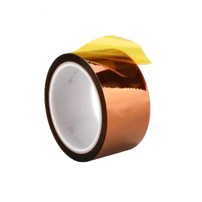 Polyimide tape roll with copper-brown film and black rim, yellow release strip