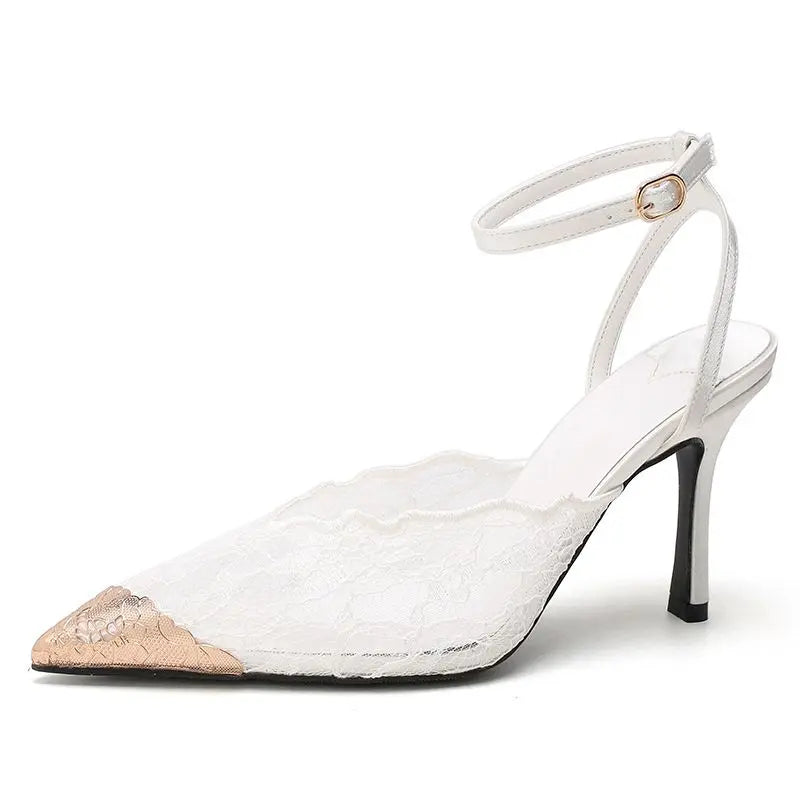 Women's Elegant Black Lace Stiletto Heels Pointed Toe Ankle Strap Metallic Cap Party Wedding Pumps