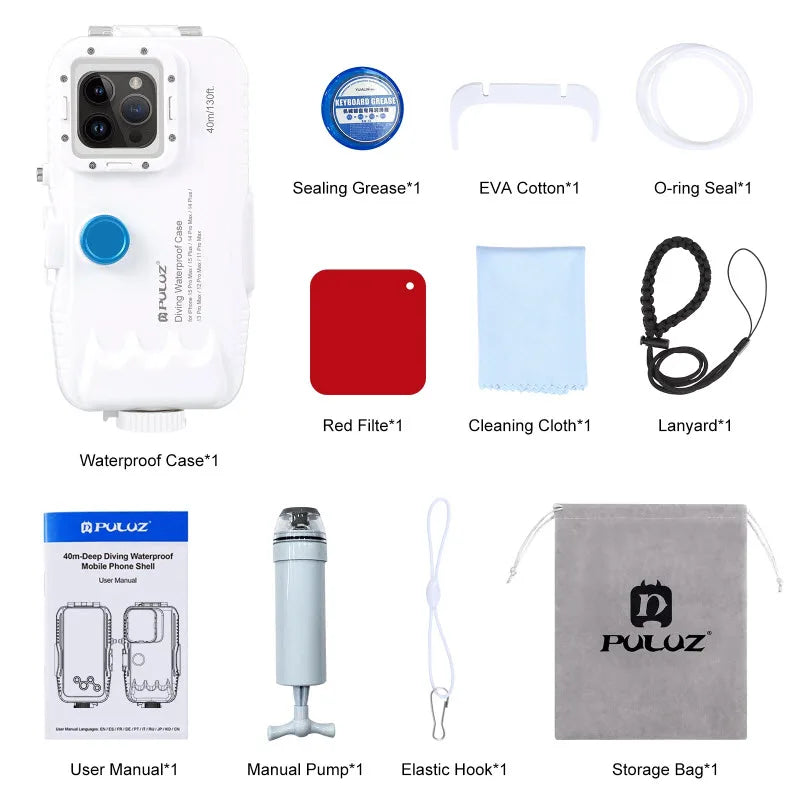 PULUZ 40m Photo Video Underwater Housing Cover Waterproof PC Diving Phone Case for iPhone White Lanyard Mobile Phone Accessories iPhone 15 Plus 15 Max 14 Max 13 Max 12Pro Max PVC box Tidesmit