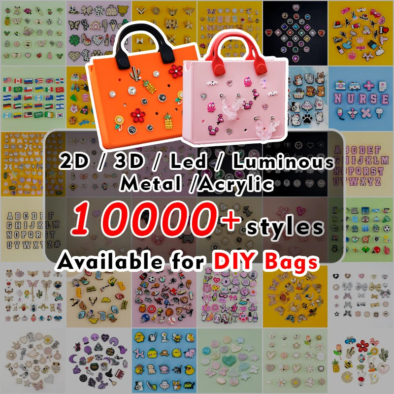 Orange and pink EVA waterproof DIY tote bags with holes for customizable clog charms and accessories.
