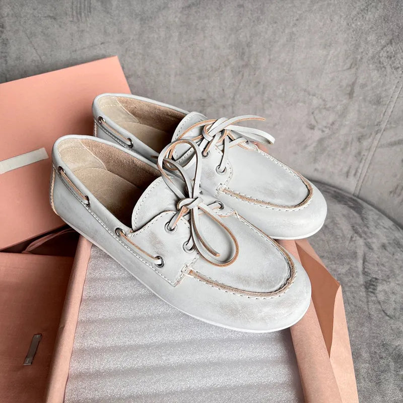 Hot Selling Spring Women's Retro Brown Bow Genuine Leather Driving Shoes Flat Soled Sheepskin Outsole Calf Leather Loafers