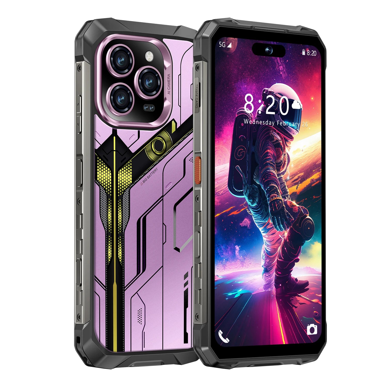 Close-up of Tidesmit 2025 smartphone metallic frame buttons and charging port on 6.9-inch OLED display model