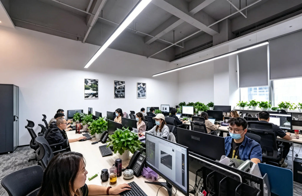 Office workstation scene with computers, plants, and seated people