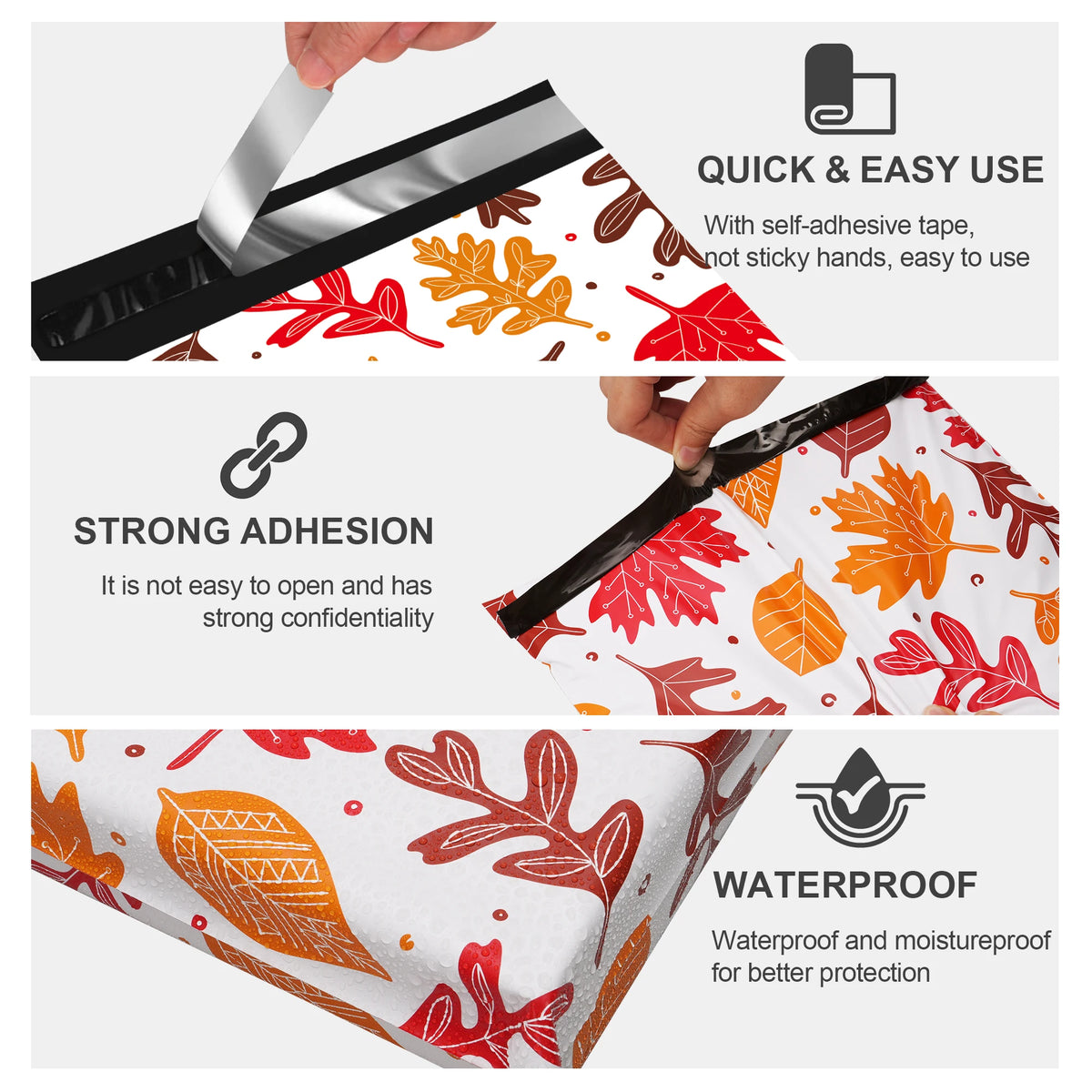 White waterproof poly mailer showing black self-adhesive strip and maple leaf print
