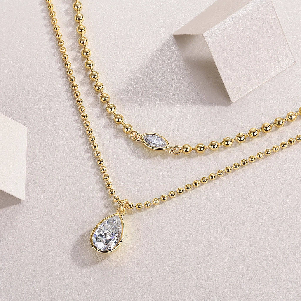 15114 Stacked Design 925 Sterling Silver D Color Moissanite Pendant with Gold Plated Stacking Chain Stylish Layered Necklaces
