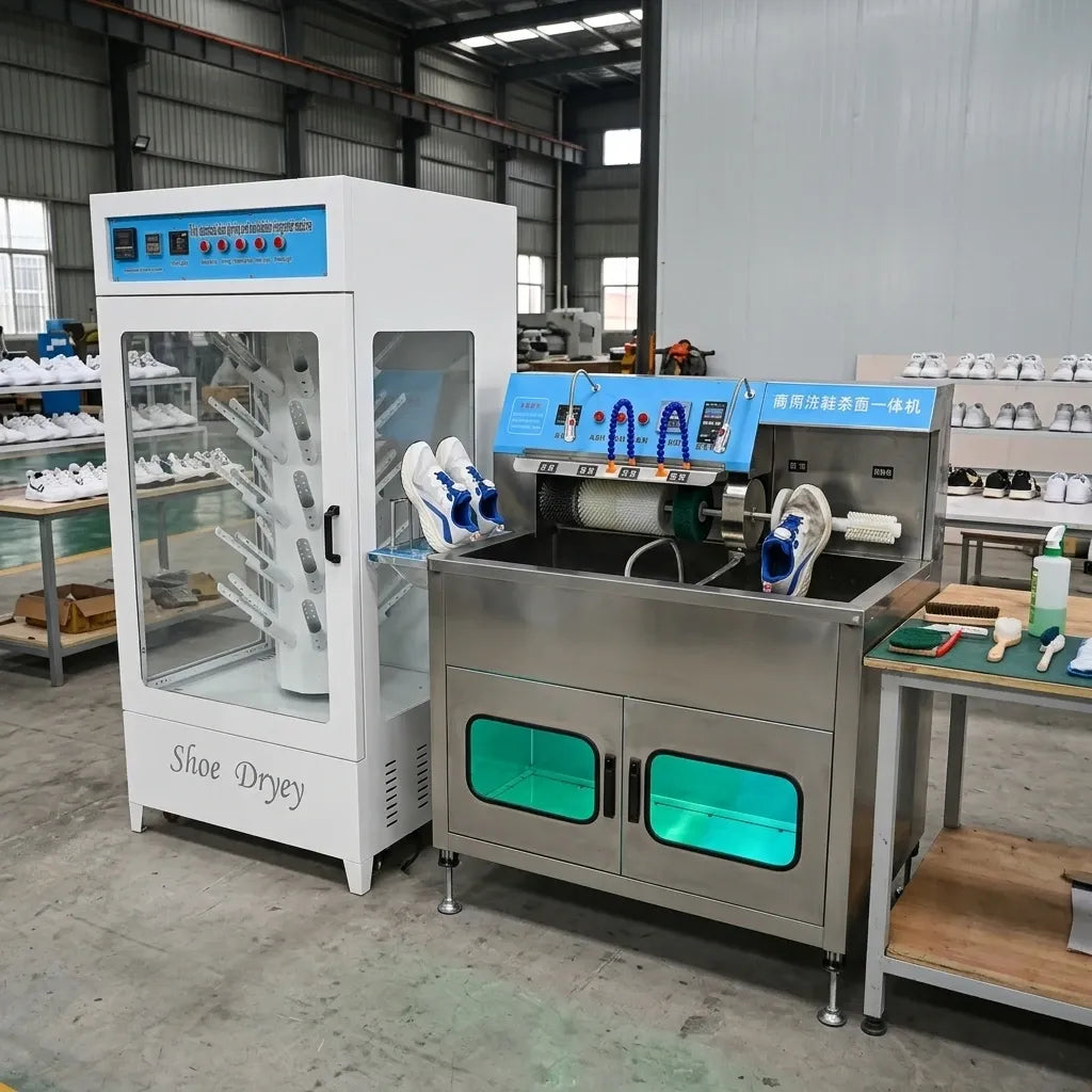 Stainless steel shoe washer and dryer combo with enclosed drying cabinet and control panel