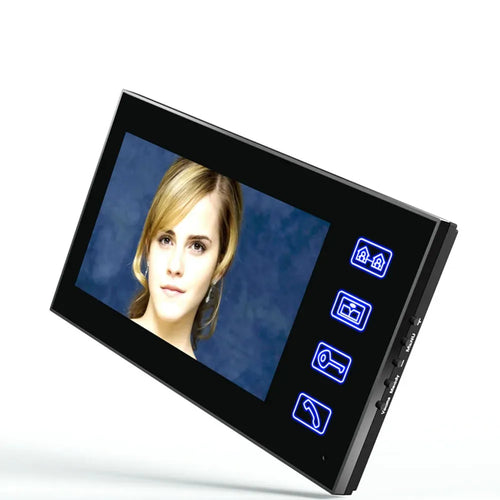 7-inch video door phone intercom monitor showing live camera screen and blue menu icons