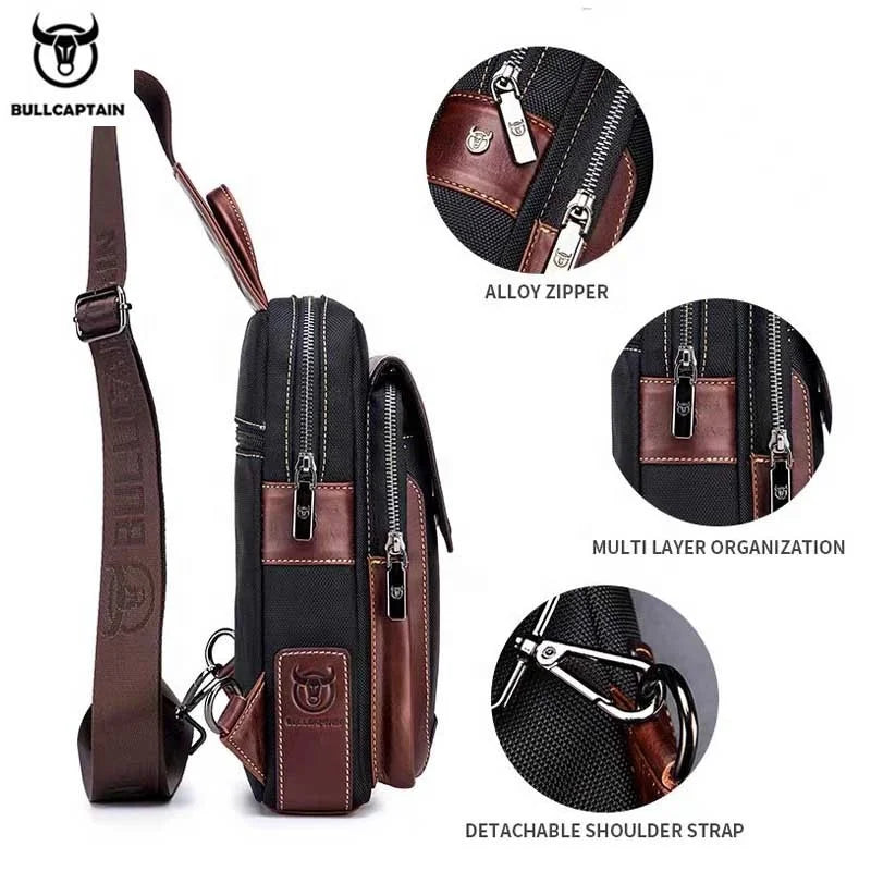 BULLCAPTAIN men's black canvas and genuine leather crossbody chest bag with alloy zippers and detachable strap.