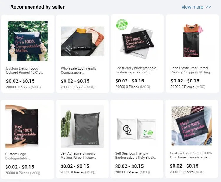Marketplace listing thumbnails showing compostable courier mailers in multiple colors