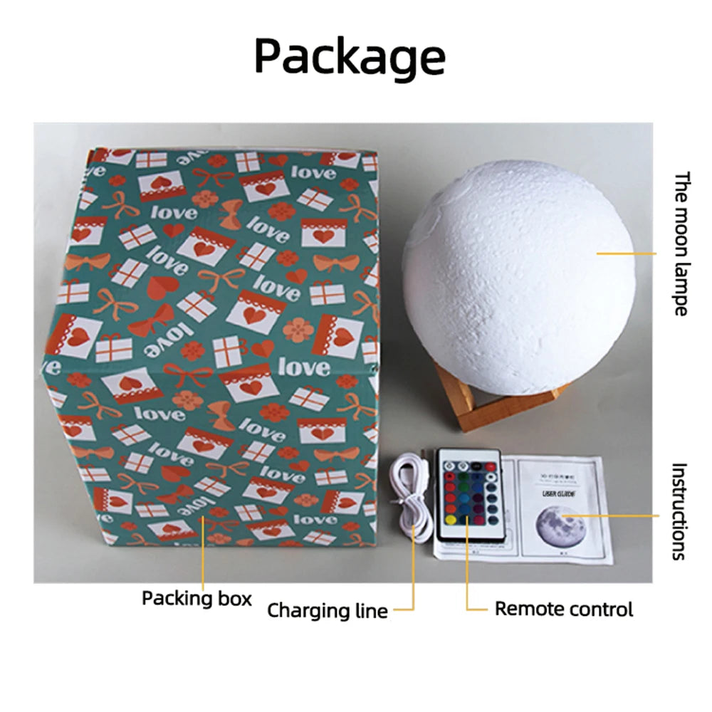 Moon lamp with wooden stand, remote control, charging cable, and user manual inside a festive gift box.