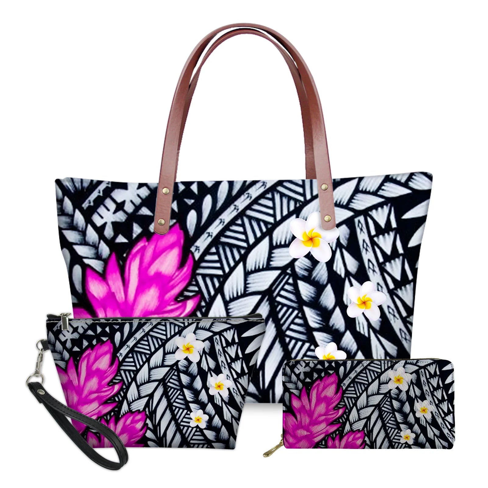 3pc handbag set in black and white Polynesian tribal print with pink tropical flowers and brown leather straps.