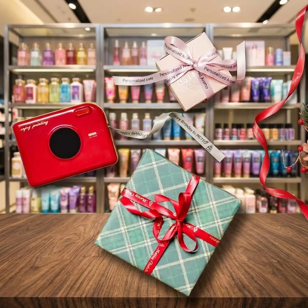 Wrapped gift box with red ribbon bow beside a red label maker
