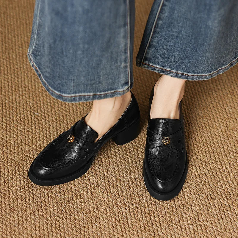 Women Top Grain Lambskin Round Toe Fleece Lined Loafers Spring 2026 Camellia Print High Heel Chunky Heel Pumps Luxury Designer