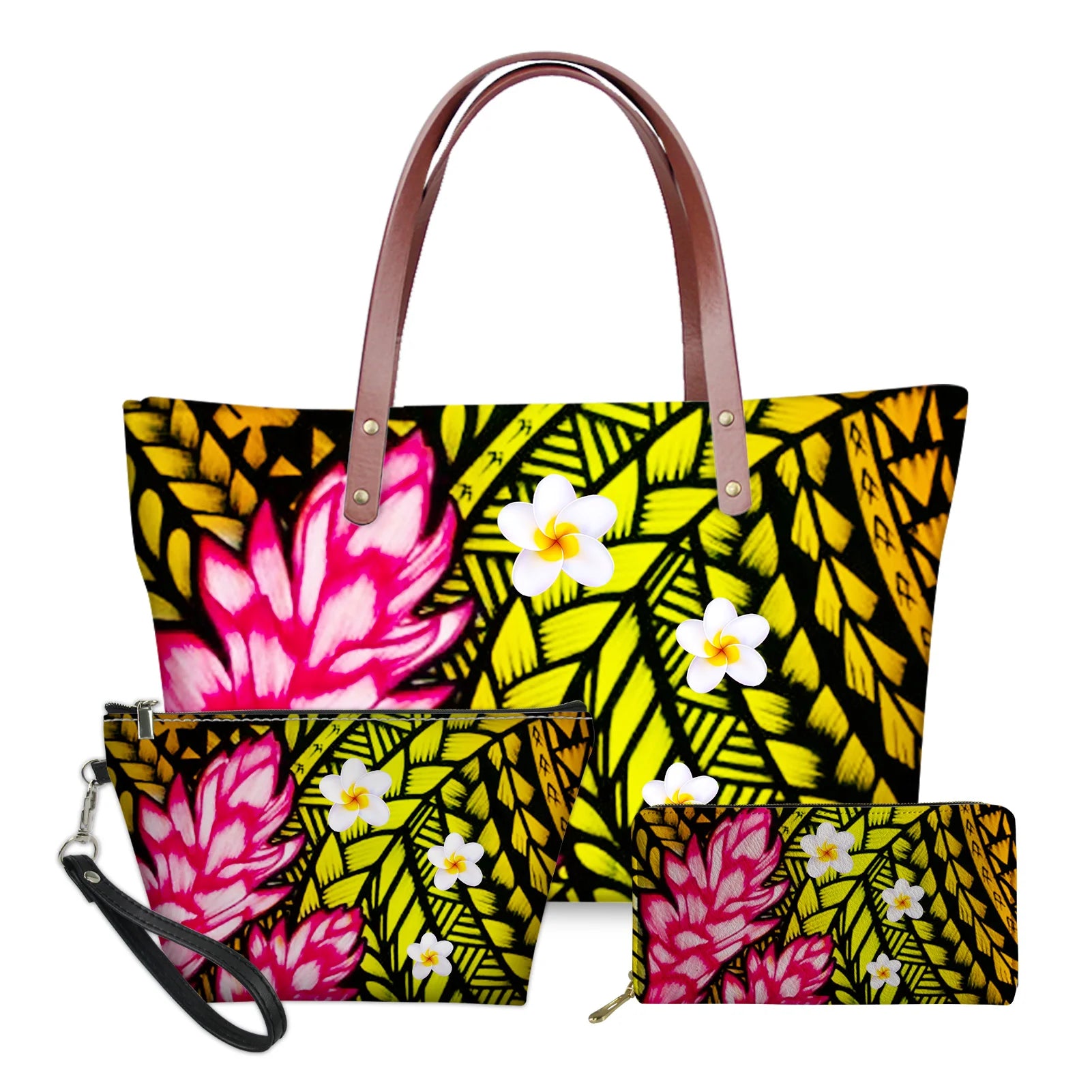 3-piece handbag set featuring yellow and black Polynesian tribal prints, pink floral accents, and white plumeria flowers.
