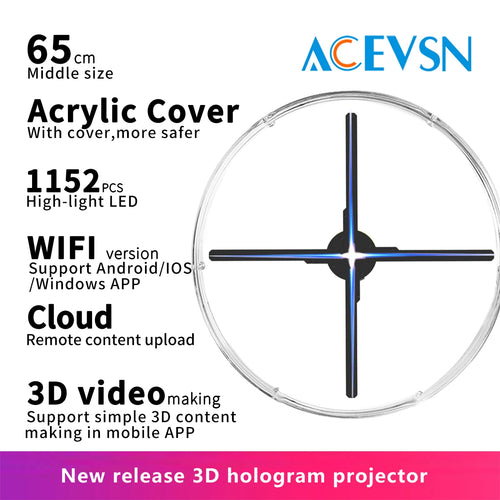 65cm 3D holographic LED projector with clear acrylic cover and 4-blade fan