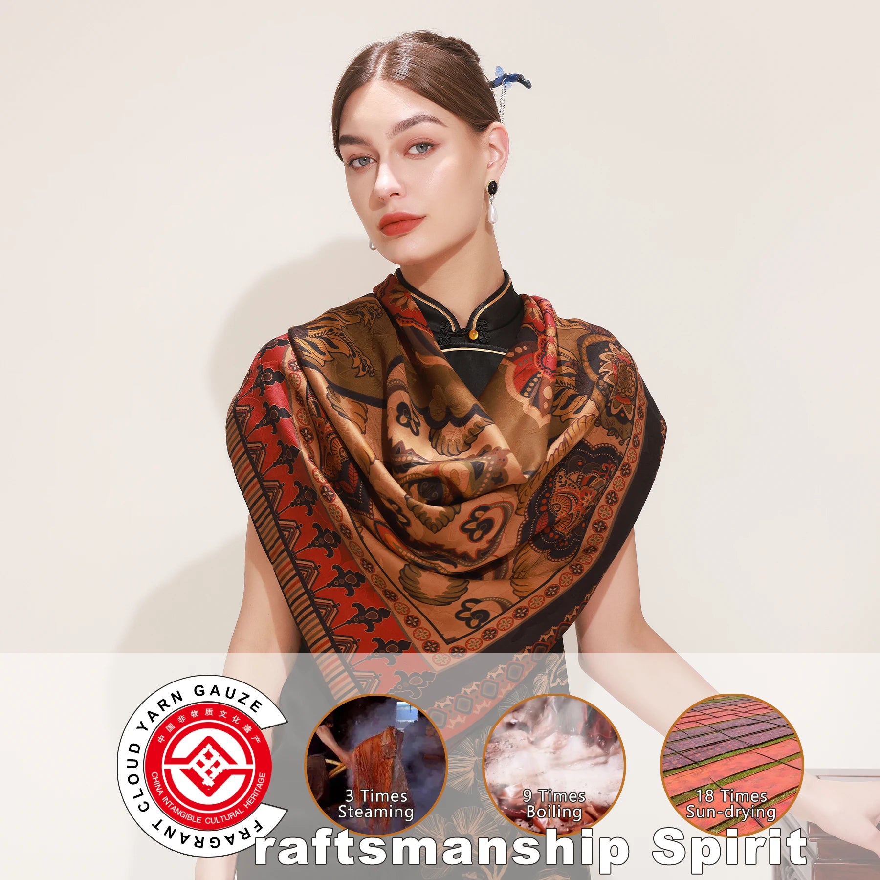 Fragrant Cloud Yarn 42 Inch Elegant New Xiangyun Silk Scarf Luxurious Natural Gambiered Square Floral Pattern Canton Silk Women