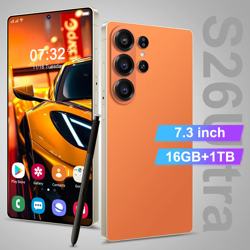 S26 Ultra 5G smartphone with 7.3-inch display and face recognition unlock featuring 16GB RAM and 1TB storage