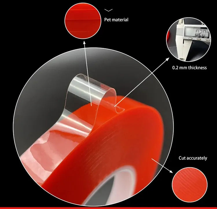 Red PET double-sided tape strip shown with cut edge detail
