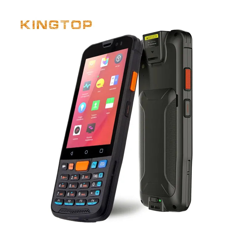 Black rugged Android PDA front and rear with orange side accents