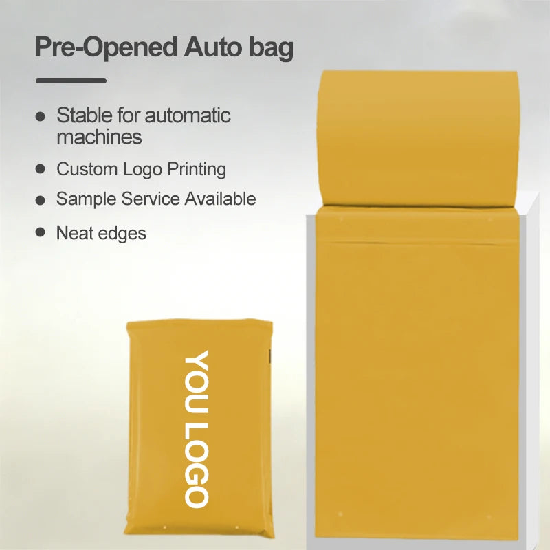 Pre-opened auto roll shipping bag, yellow roll and folded bag with sealed edges