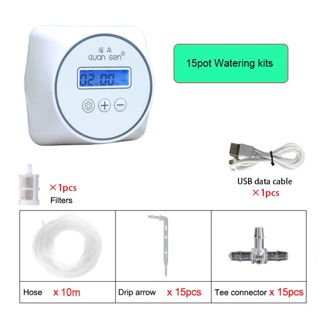 Drip irrigation water pump timer kit with LCD controller, 15-pot watering set