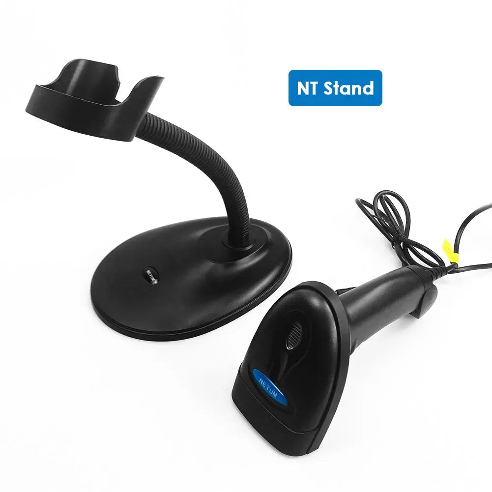 Black wired barcode scanner with stand dock and coiled cable