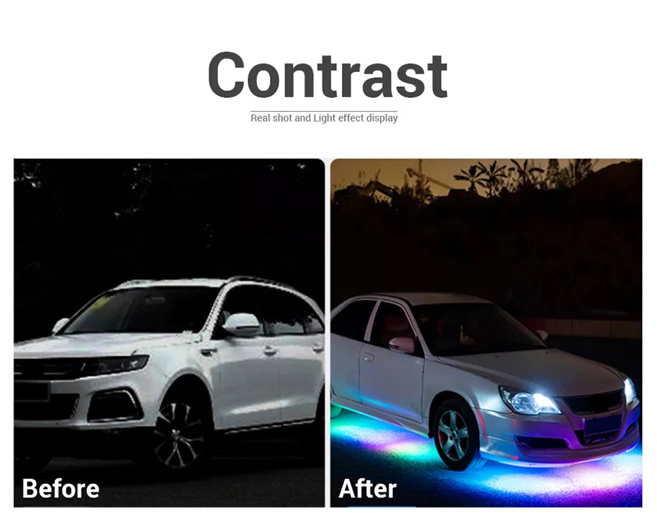 Car underglow LED light kit comparison showing a vehicle without and with vibrant multicolor ground-effect lighting.