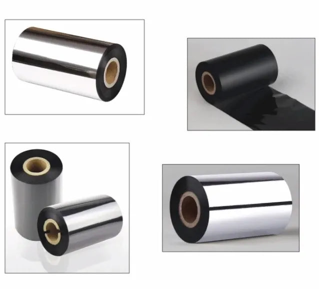 Assorted thermal transfer ribbon roll views with black and silver finishes